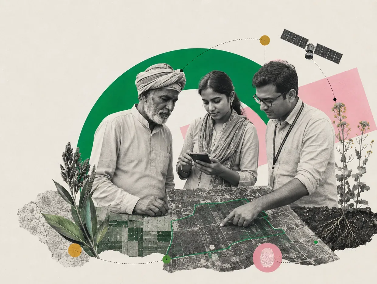 Farmers and a field agent reviewing a satellite field boundary map together