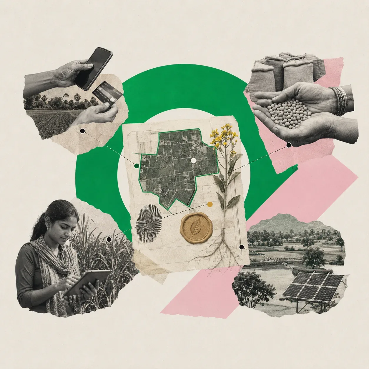 Verified field evidence: a fingerprint, a wax seal, a satellite field boundary, and a farmer with a tablet