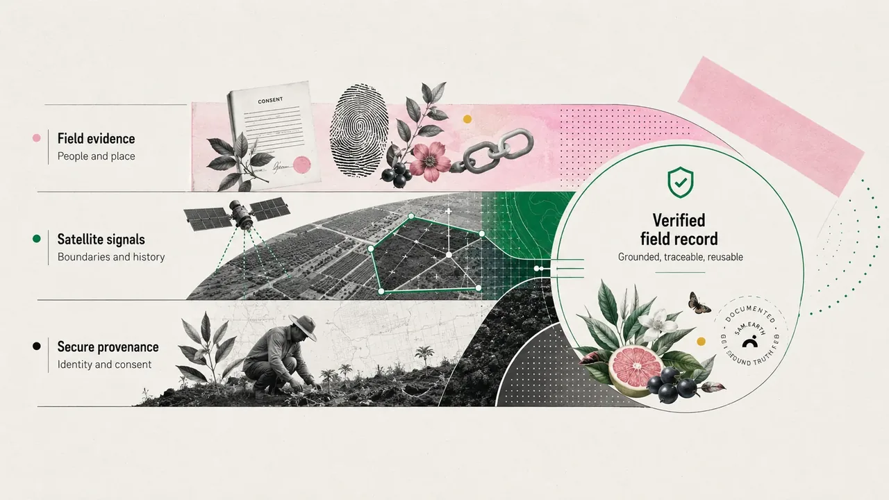 Verification stack: field evidence, satellite signals, secure provenance, producing a verified field record