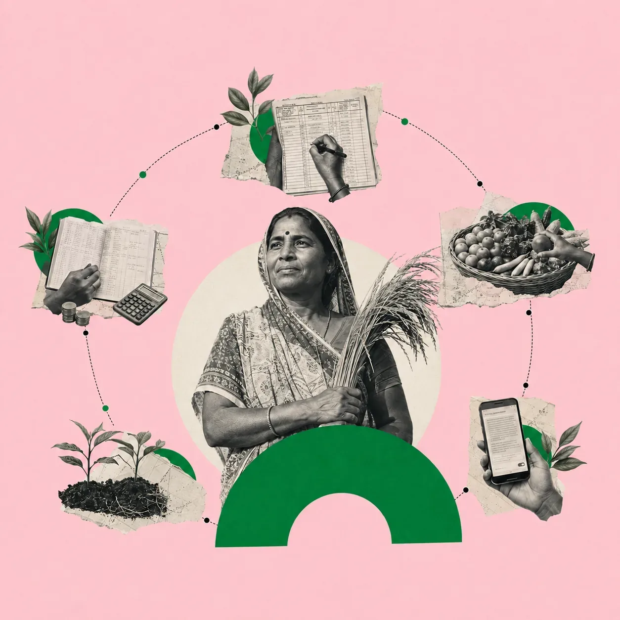 A farmer holding harvested grain, connected to her farm ledger, produce basket, seedlings, and market records