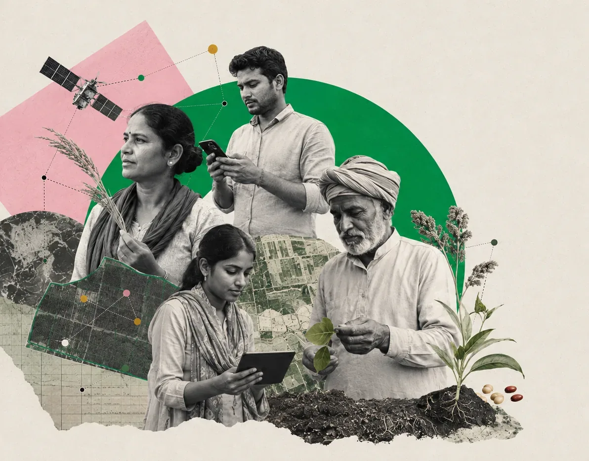 A farmer using a phone in the field, linked to a satellite boundary map, plants, and soil