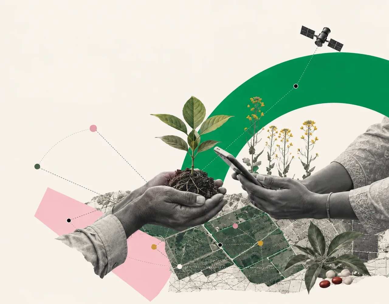 A verified field record: hands holding soil and a sprout, an aerial farm boundary, and a field ledger