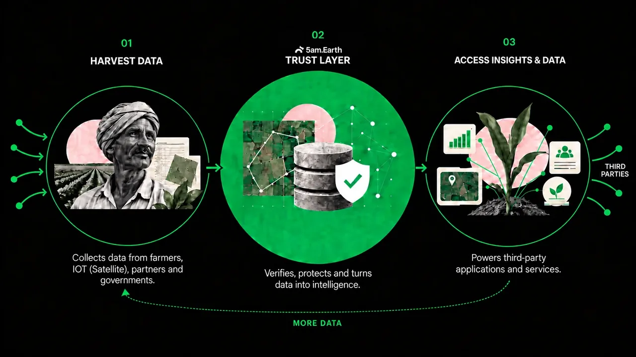 Verification stack: field evidence (people and place), satellite signals (boundaries and history), secure provenance (identity and consent), producing a verified field record that is grounded, traceable and reusable